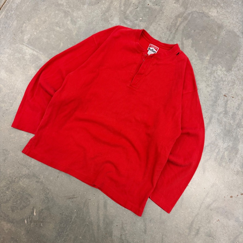 90s Mens Marlboro Unlimited Ribbed Henley Shirt Red XL